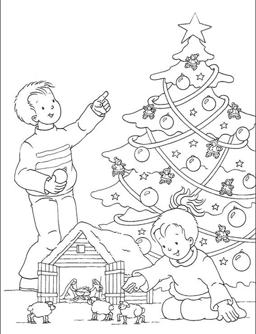 Desenho de árvore de Natal com Papai Noel para pintar